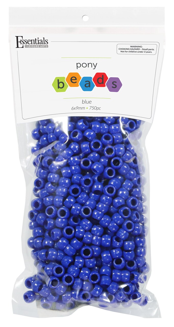 Essentials by Leisure Arts Pony Bead 6mm x 9mm Blue Opaque Plastic Pony Beads Bulk 750 pieces for Arts, Crafts, Bracelet, Necklace, Jewelry Making, Earring, Hair Braiding